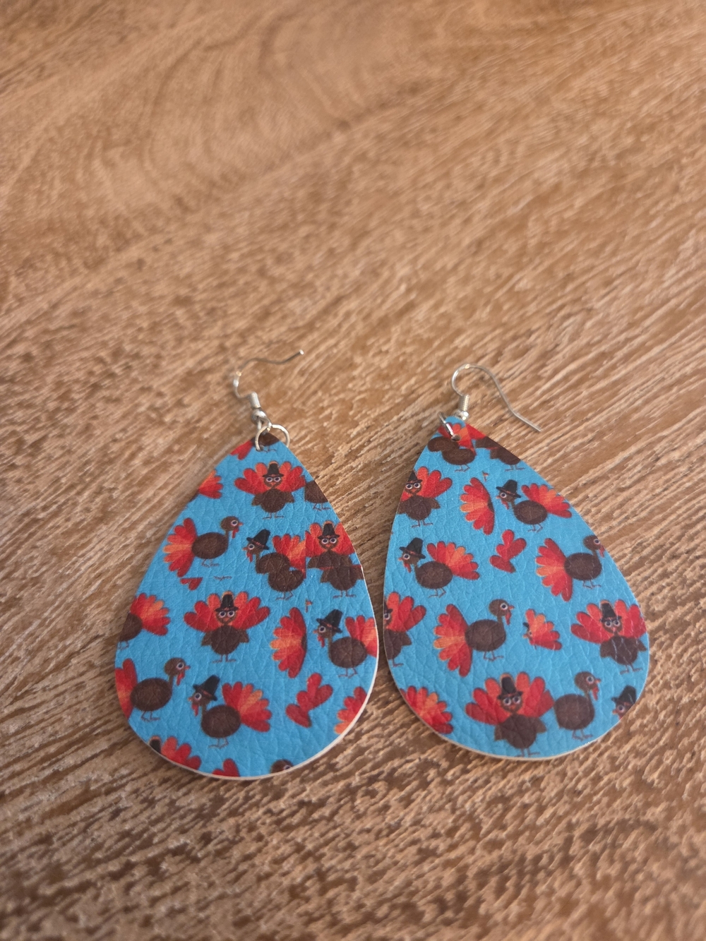 Thanksgiving Blue Teardrop Earrings with Red Turkey Print
